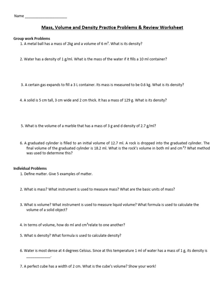 Density and Volume Practice Problems | PDF | Volume | Density