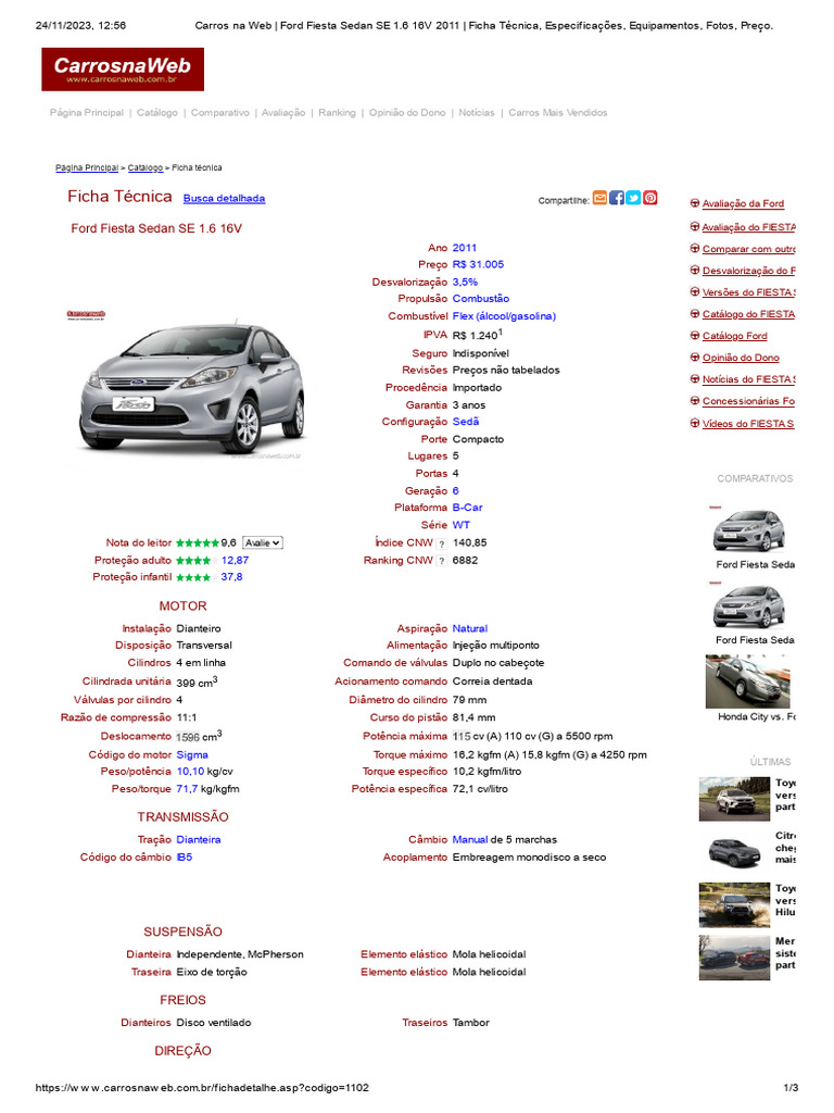 Ficha Técnica Ford Fiesta Sedan 2011 | PDF | Motores | Sedan (automóvel)