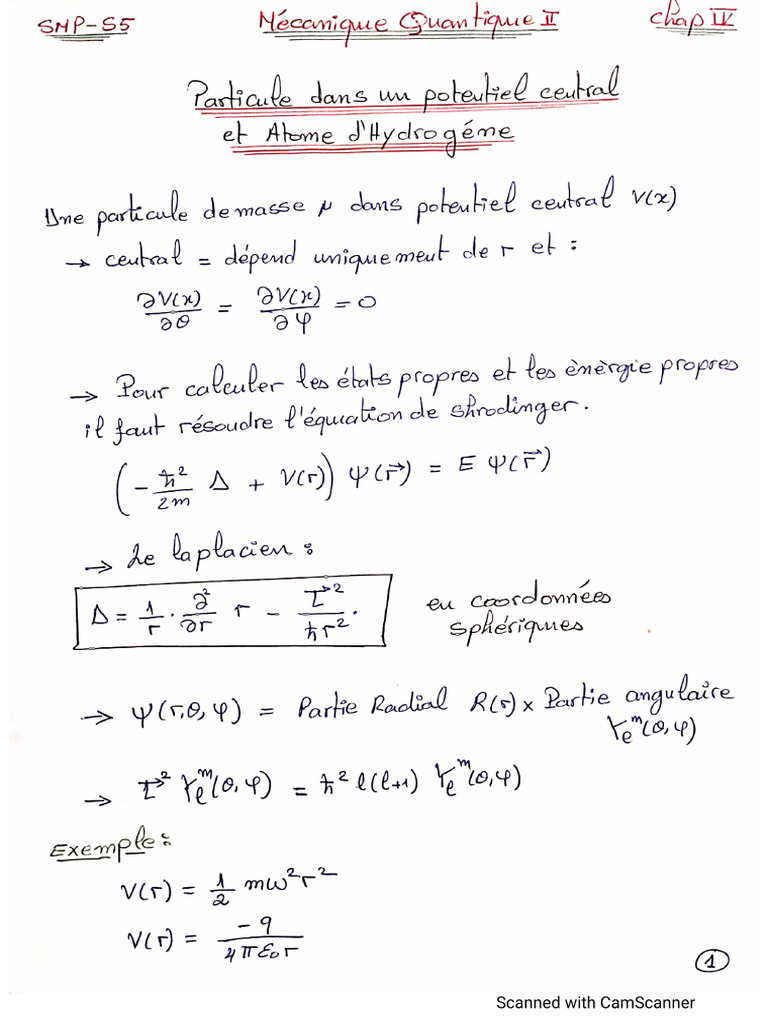 Chapitre 4 Particule Dans Un Potentiel Central Et Atome Hydrogene PDF — free download