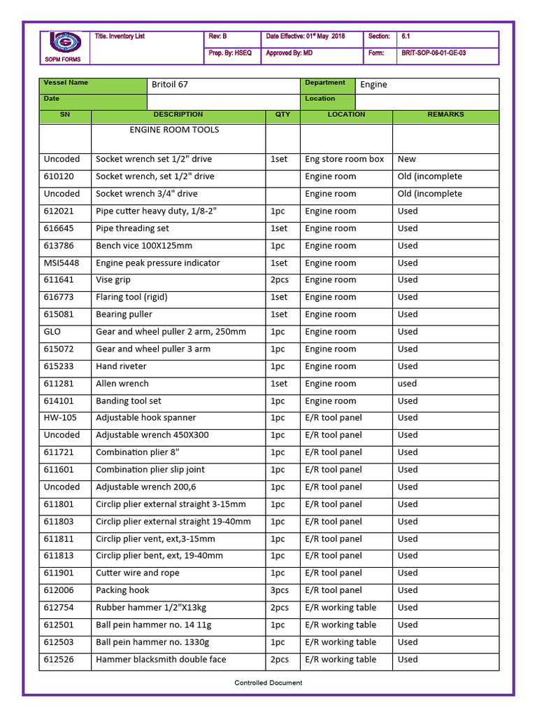 Engine Room Tools Inventory List | PDF