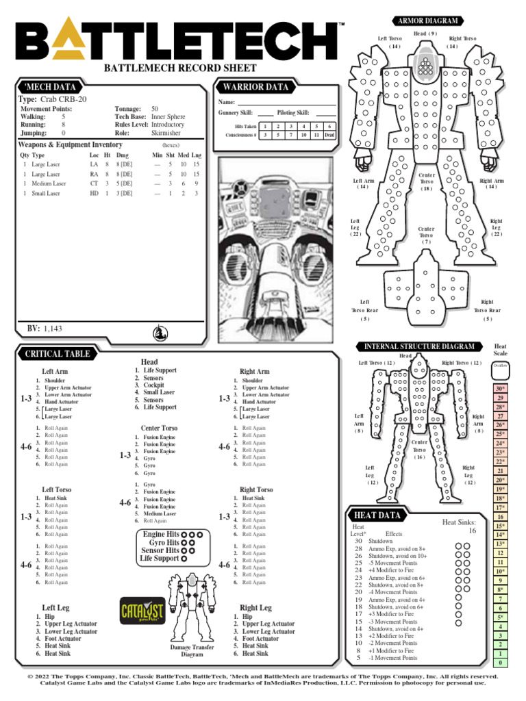 Crab CRB-20 BattleMech Record Sheet | PDF | Battle Tech