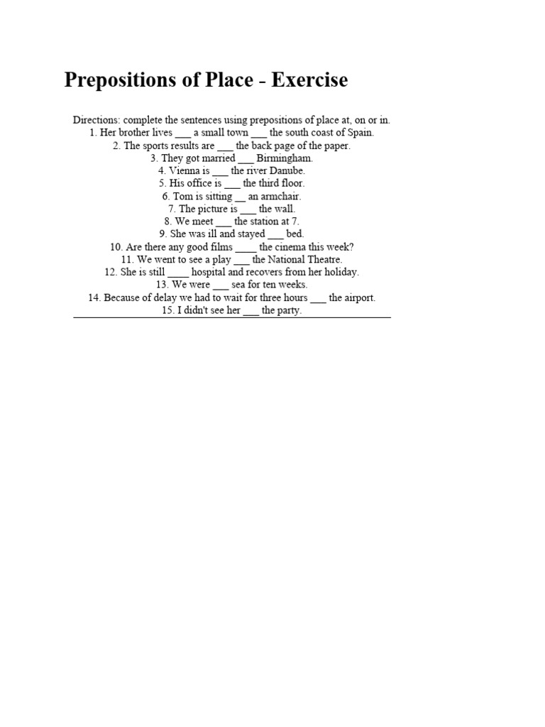 Prepositions of Place - Worksheet 2 Grammar 7A | PDF