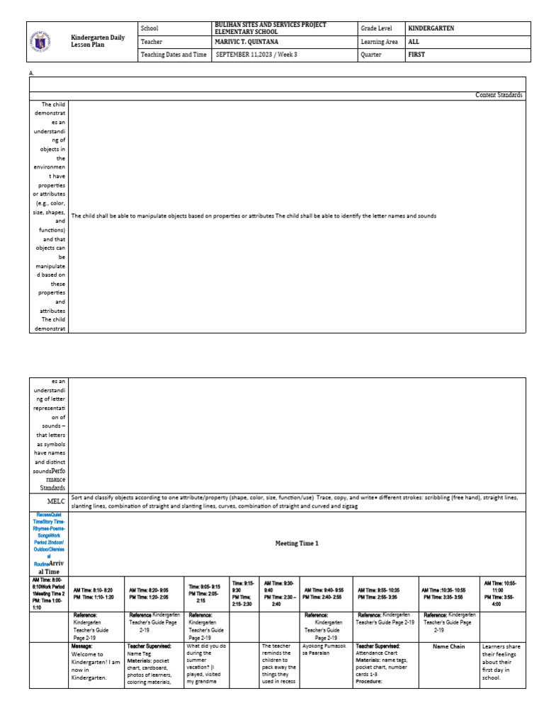 Kindergarten Daily Lesson Plan | PDF