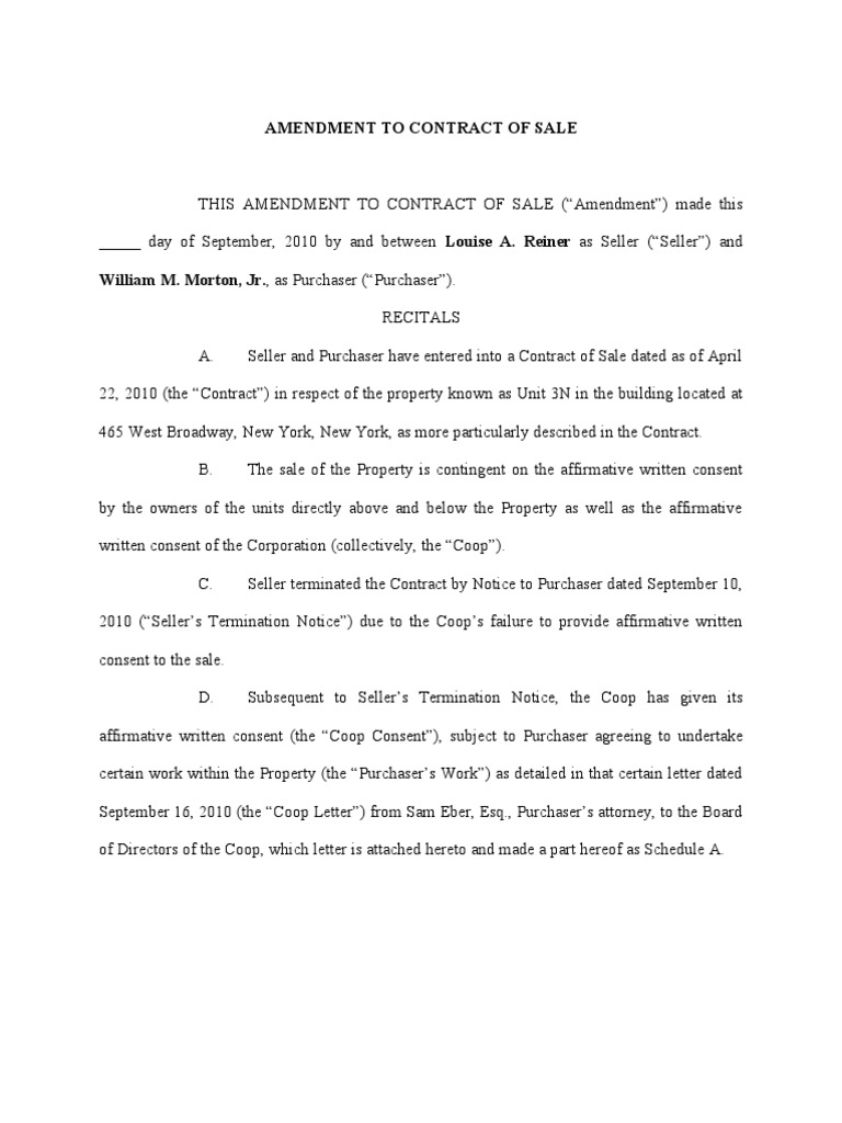 Contract Sale Amendment for NYC Property | PDF | Consent | Fee