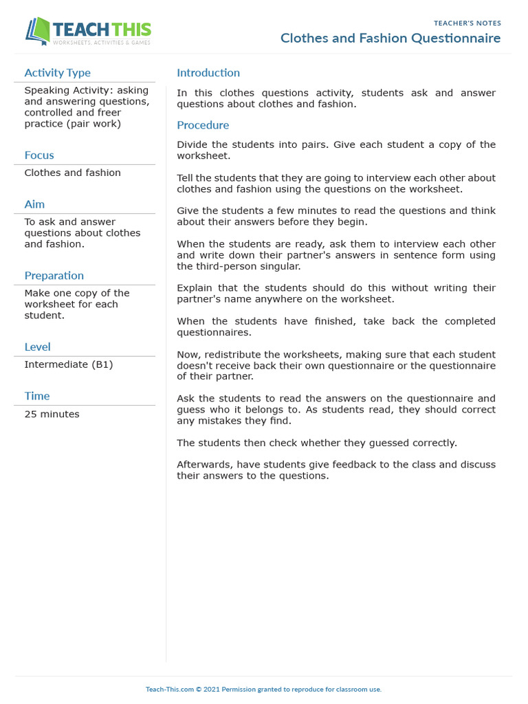 Clothes and Fashion Questionnaire PDF Questionnaire Clothing
