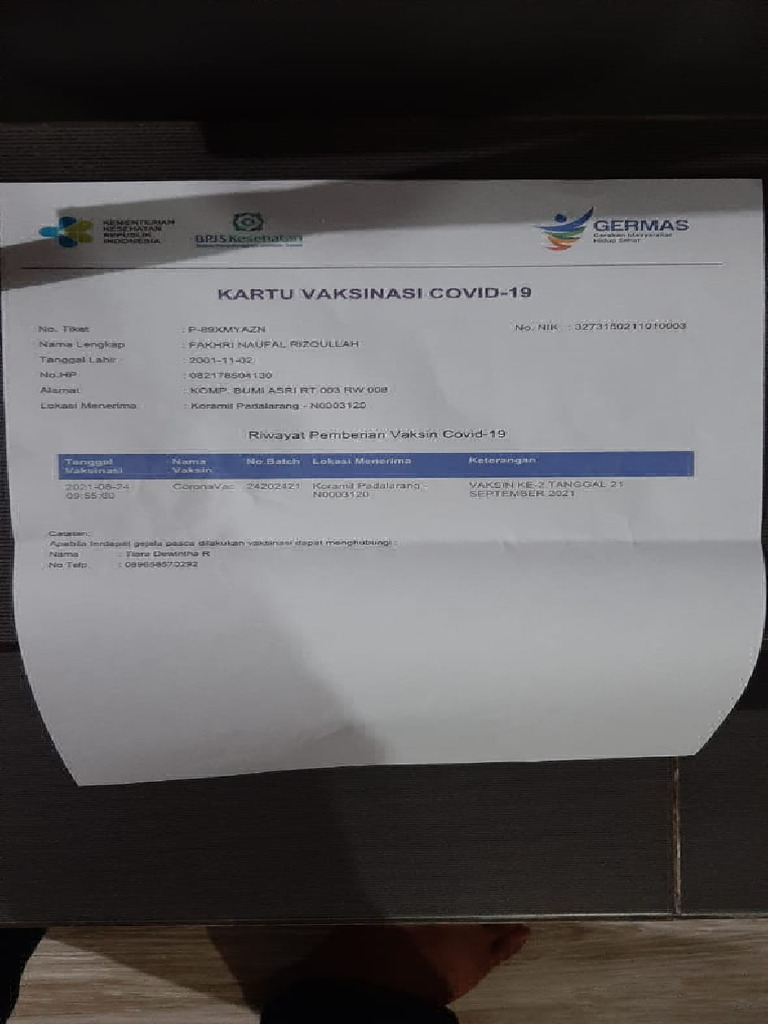 Surat Bukti Vaksinasi Dosis Pertama PDF