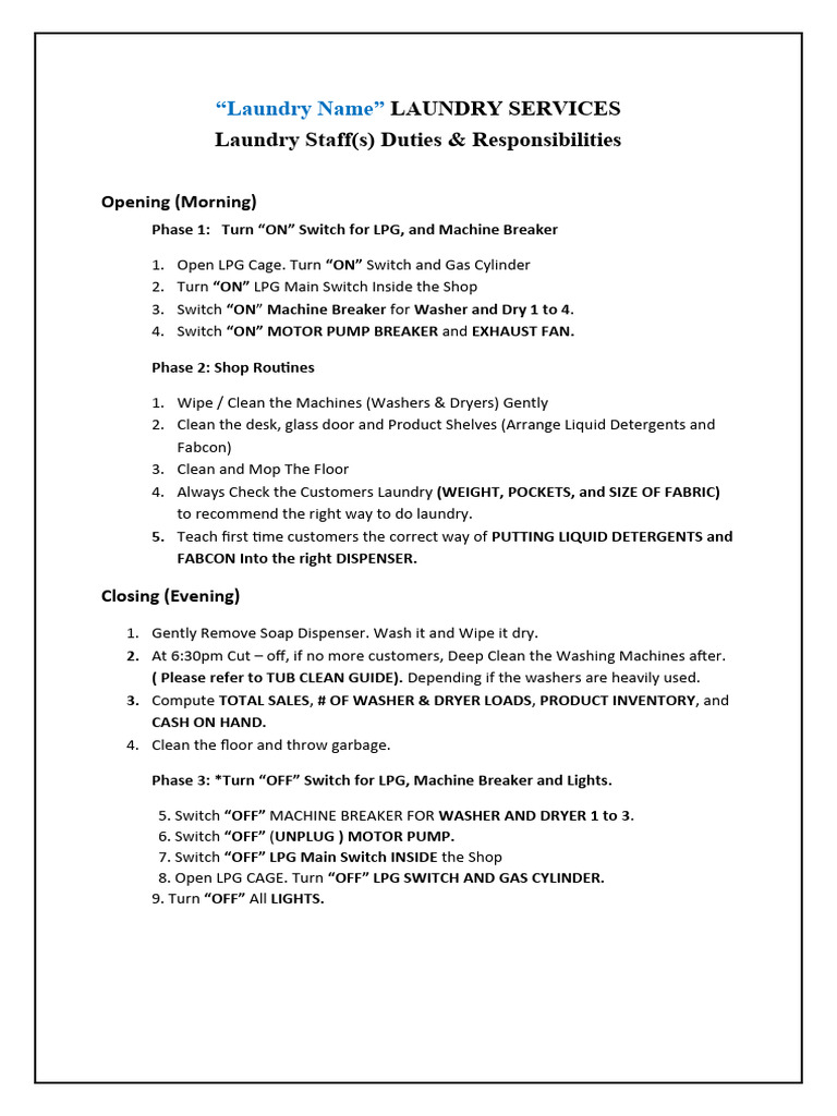 Laundry Services Staff Responsibilities | PDF | Washing Machine | Laundry