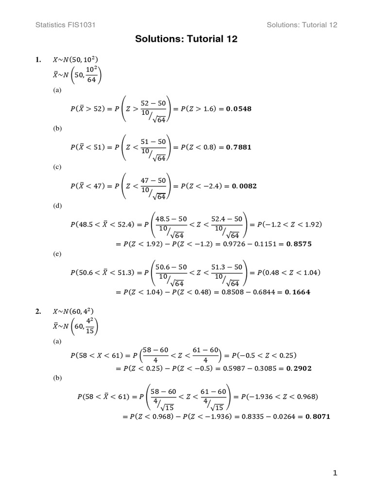 Tutorial 12 sample mean distribution solutions pdf statistical