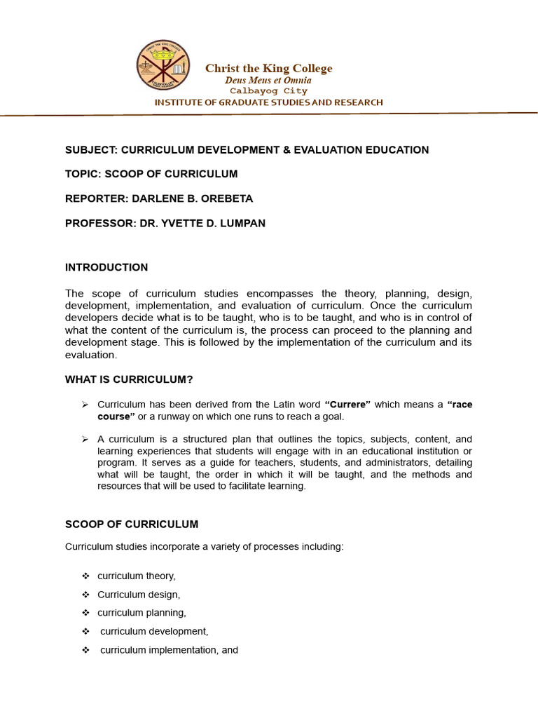 Written Report Curriculum Dev Evaluation Pdf Curriculum