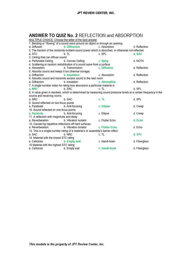 Quiz 20 Reflection and Absorption PDF Reflection (Physics