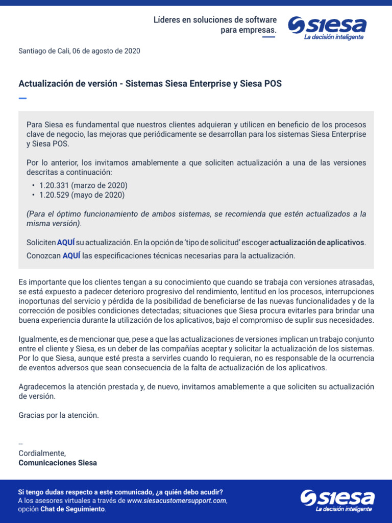 Actualización de Sistemas Siesa POS y Enterprise | PDF