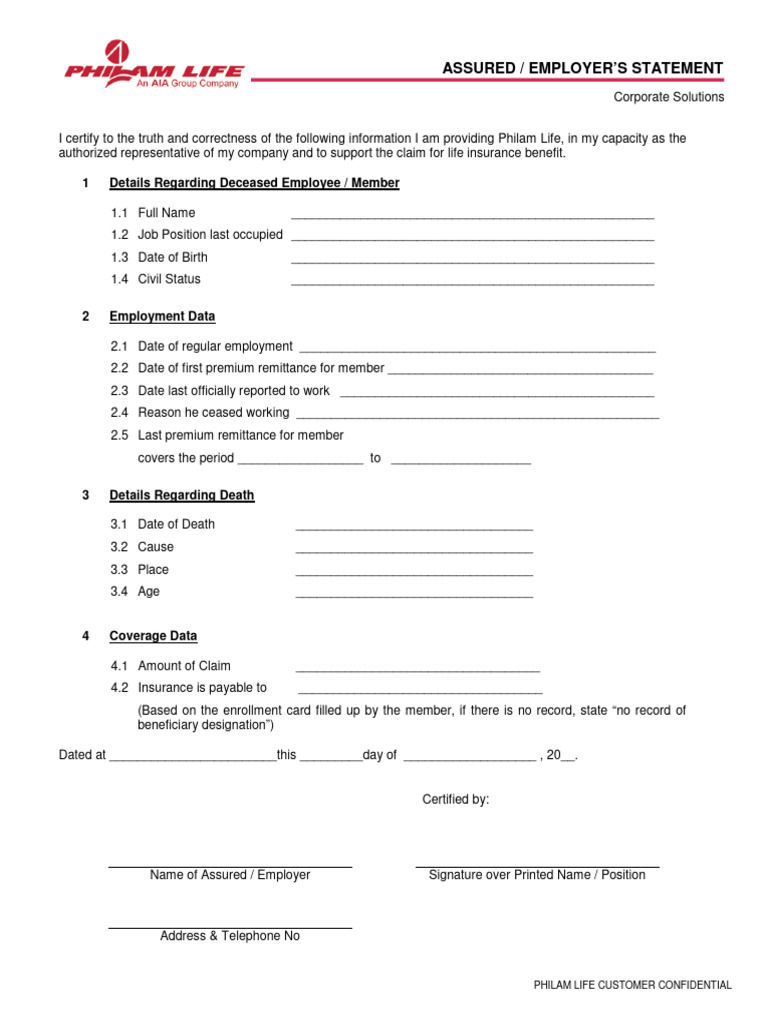 Employer's Statement for Life Insurance Claim | PDF | Insurance | Life ...