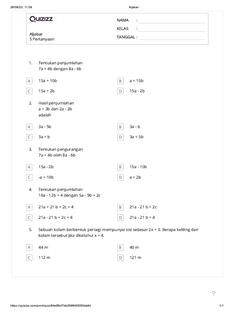Contoh Soal Mtk Tugas Quizziz Pdf