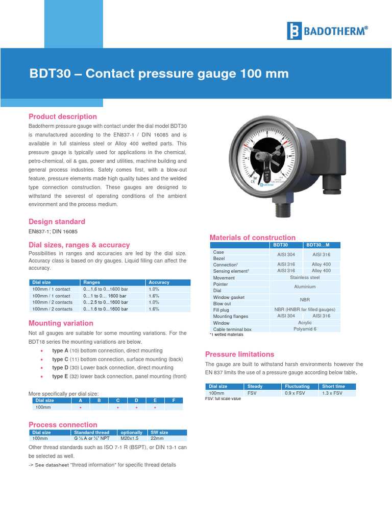 Badotherm PDS PG BDT30 100mm Contact Pressure Gauge PDF Pressure