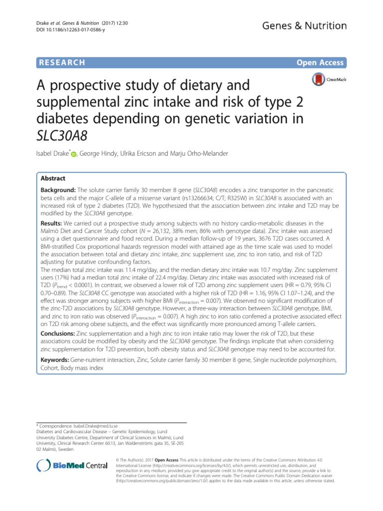 A Prospective Study of Dietary and Supplemental Zinc Intake and Risk of
