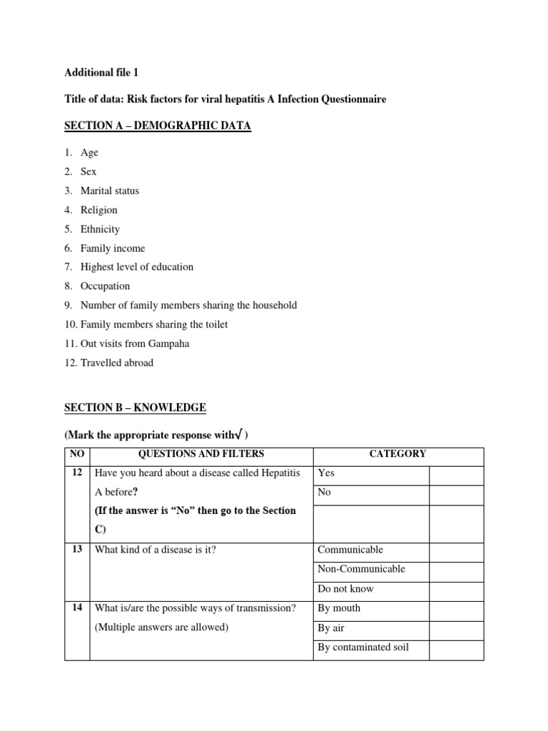 Hepatitis A Risk Factors Questionnaire | PDF | Hepatitis | Latrine