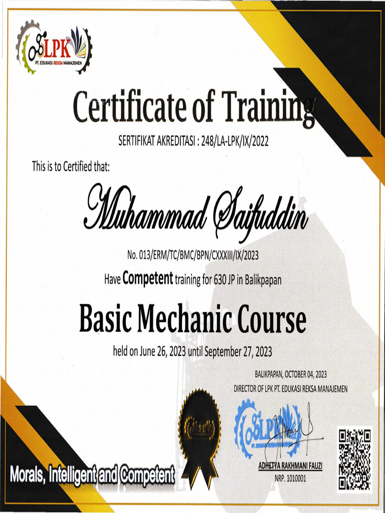 Basic Mechanic Course Certificate | PDF | Vehicle Parts ...