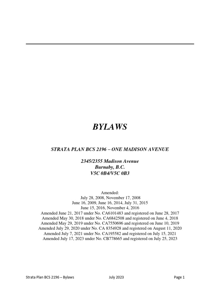 BCS 2196 Strata Bylaws Overview | PDF | Flooring | Pet