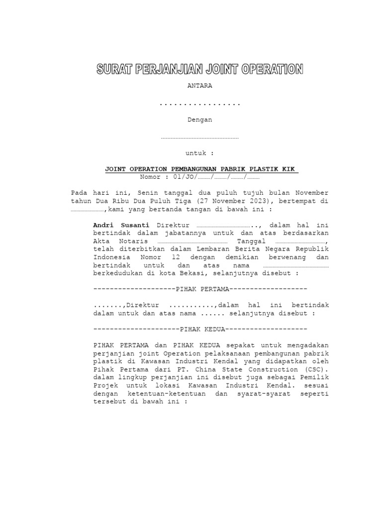 Perjanjian Joint Operation Pabrik Plastik | PDF
