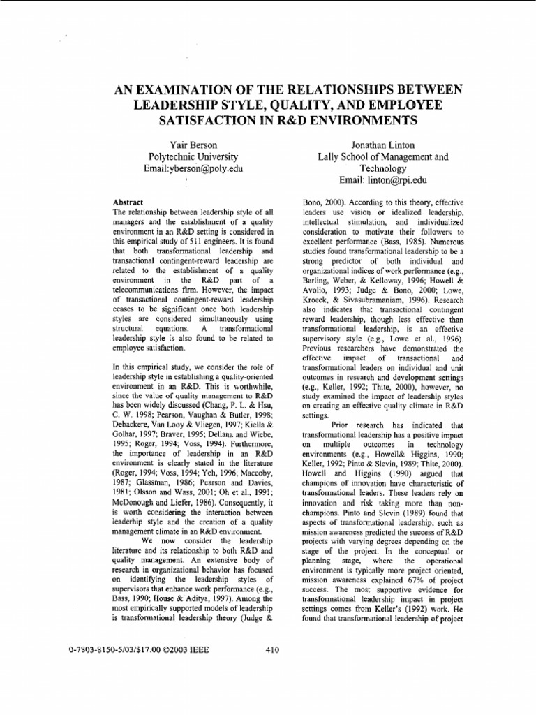 Leadership Impact in R&D Quality | PDF | Leadership | Transformational ...