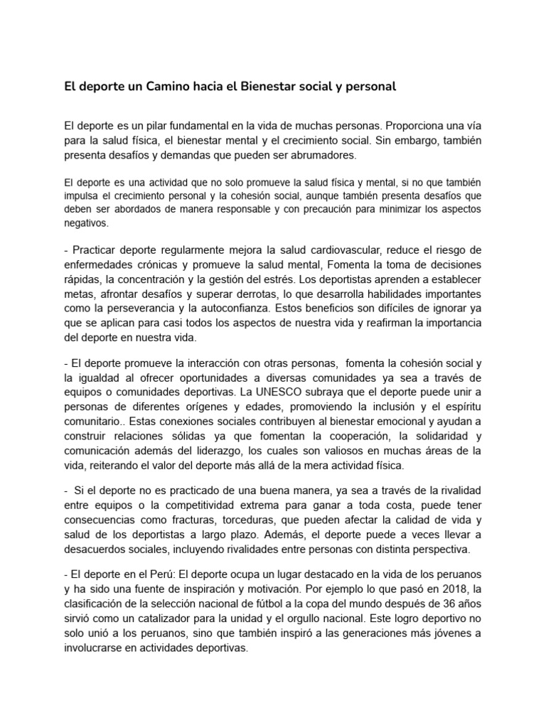 El Deporte Un Camino Hacia El Bienestar Social y Personal | PDF ...