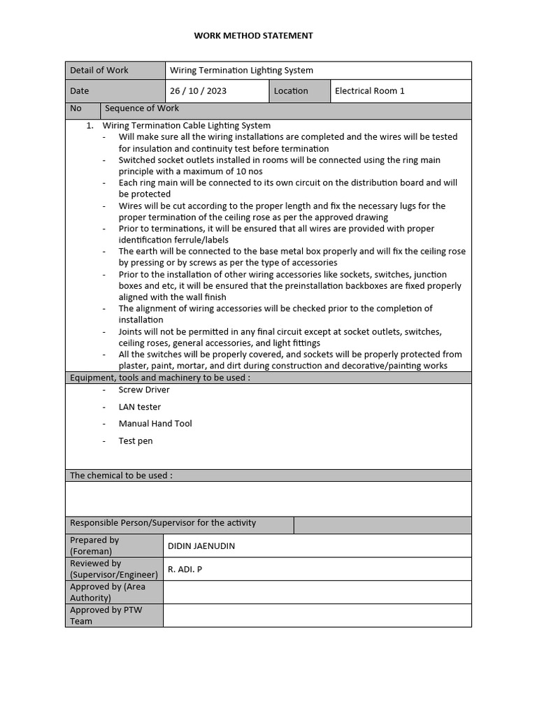 Work Method Statement Wiring Termination Cable Lighting System | PDF ...