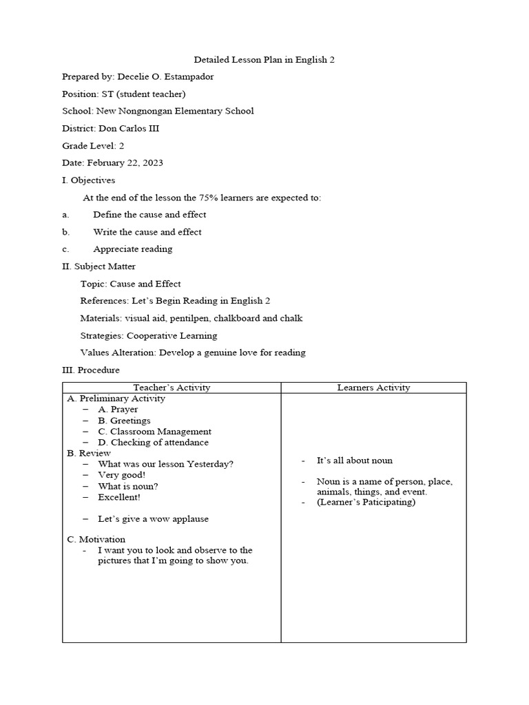 Grade 2 English Lesson Plan: Cause & Effect | PDF | Lesson Plan | Teachers