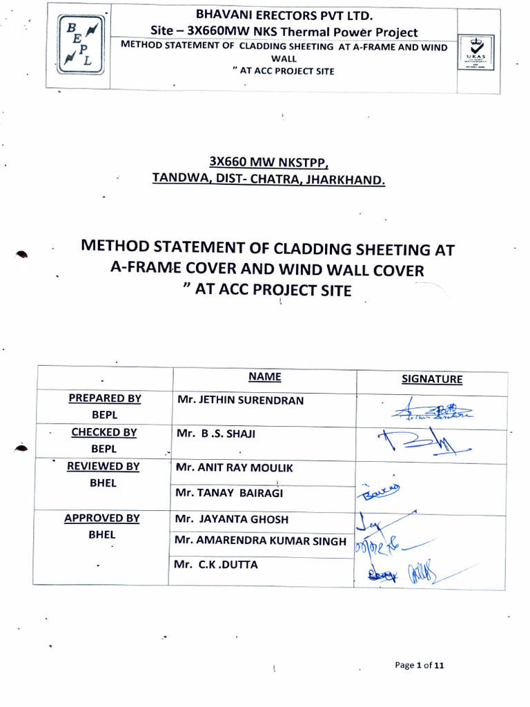 Method Statement of Cladding Sheeting at AFrame and Wind Wall at ACC