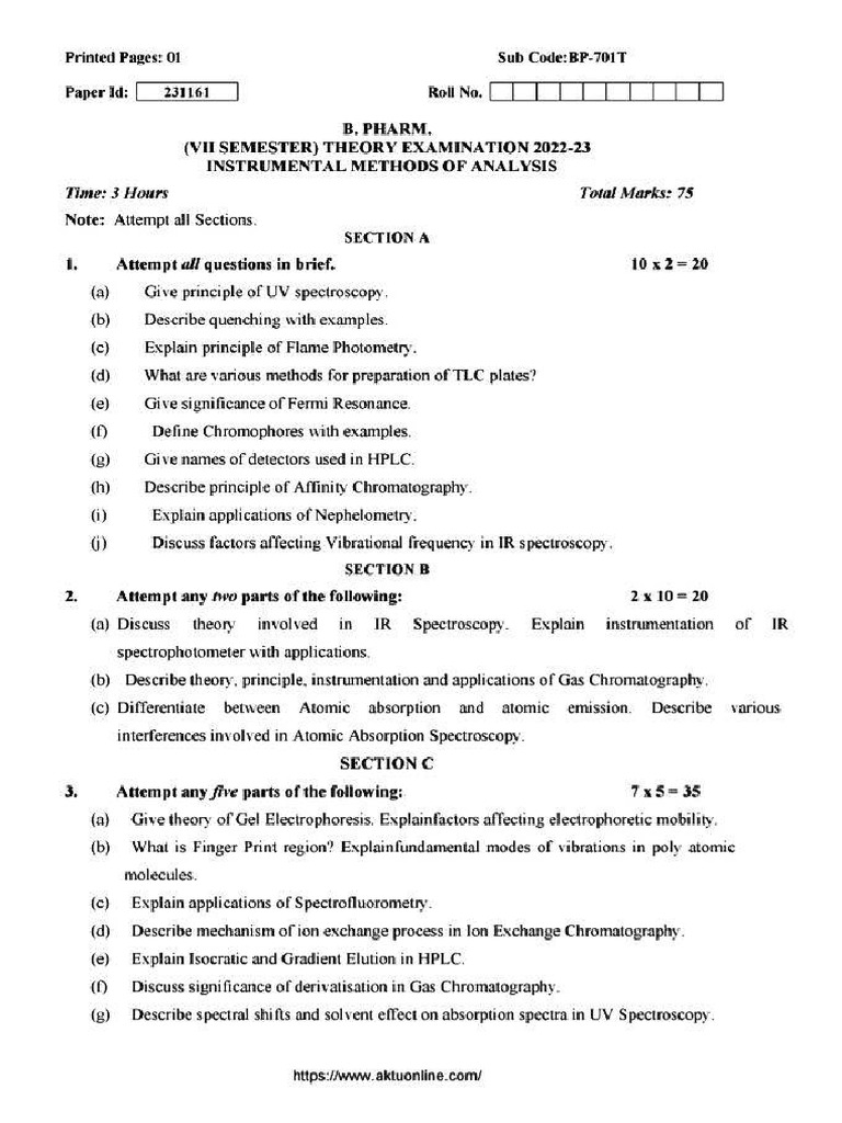 B. Pharm 7th Semester Question Paper | PDF