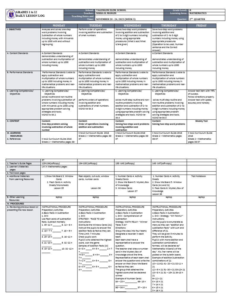 Grade 2 Math Lesson Plans Term 2 | PDF | Subtraction | Mathematics