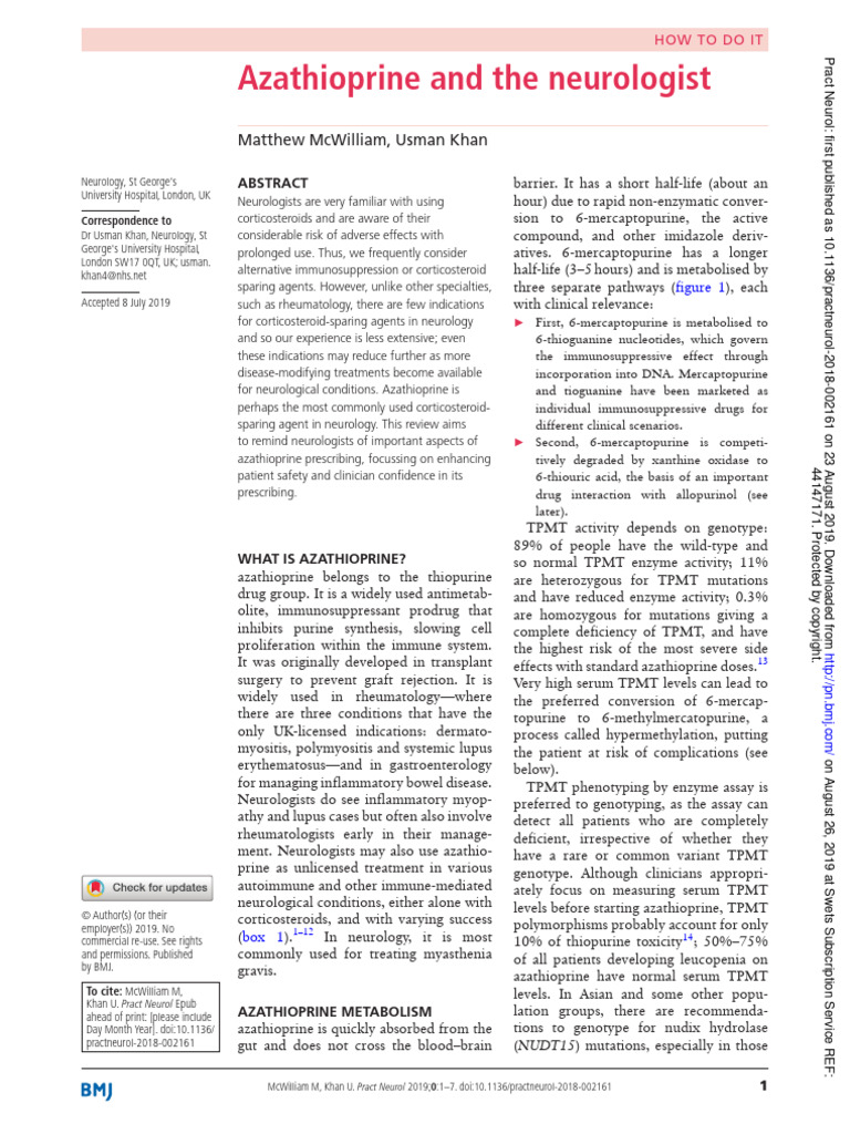 Azathioprine and The Neurologist. | PDF | Dose (Biochemistry) | Chemistry