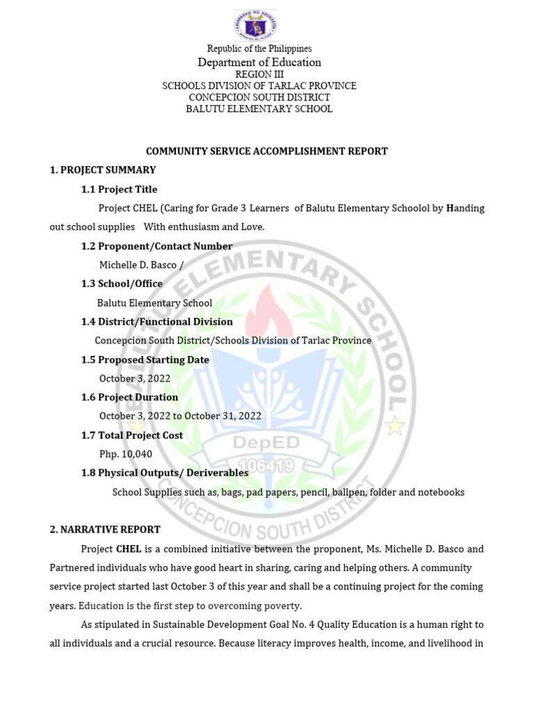Accomplishment Community Sevice Project Chel Pdf