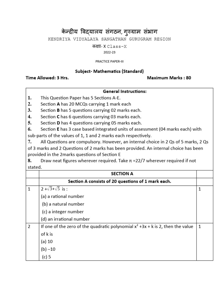 Class X Mathematics Practice Paper III | PDF | Circle | Elementary Geometry