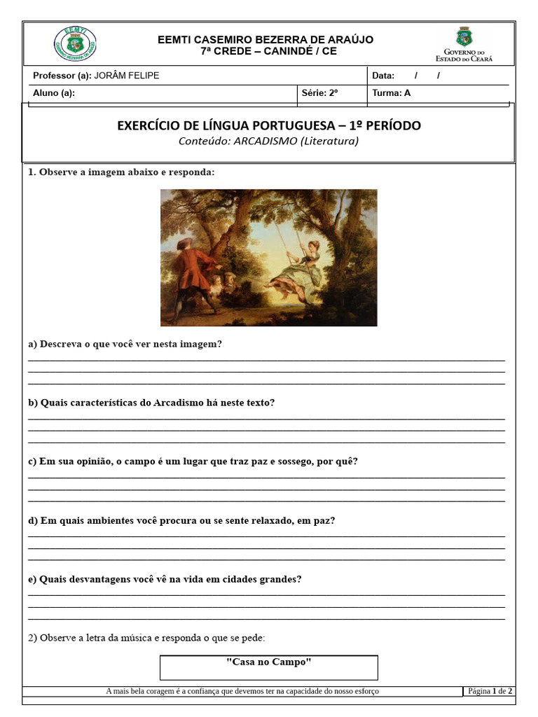 Questões sobre Arcadismo e Música | PDF