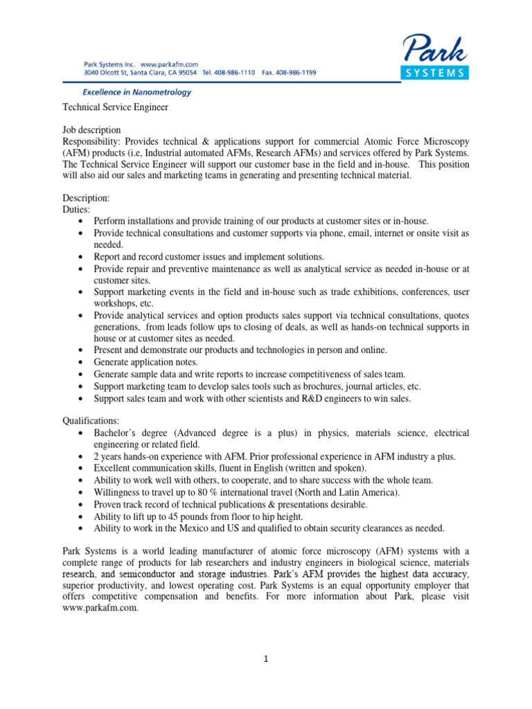 Park Systems Technical Service Engineer Job Description PDF Atomic