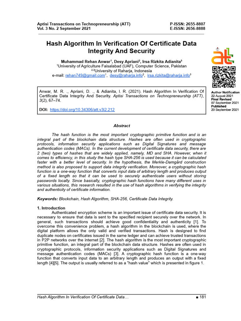 v3n2 Hash Algorithm in Verification of Certificate Data Integrity and
