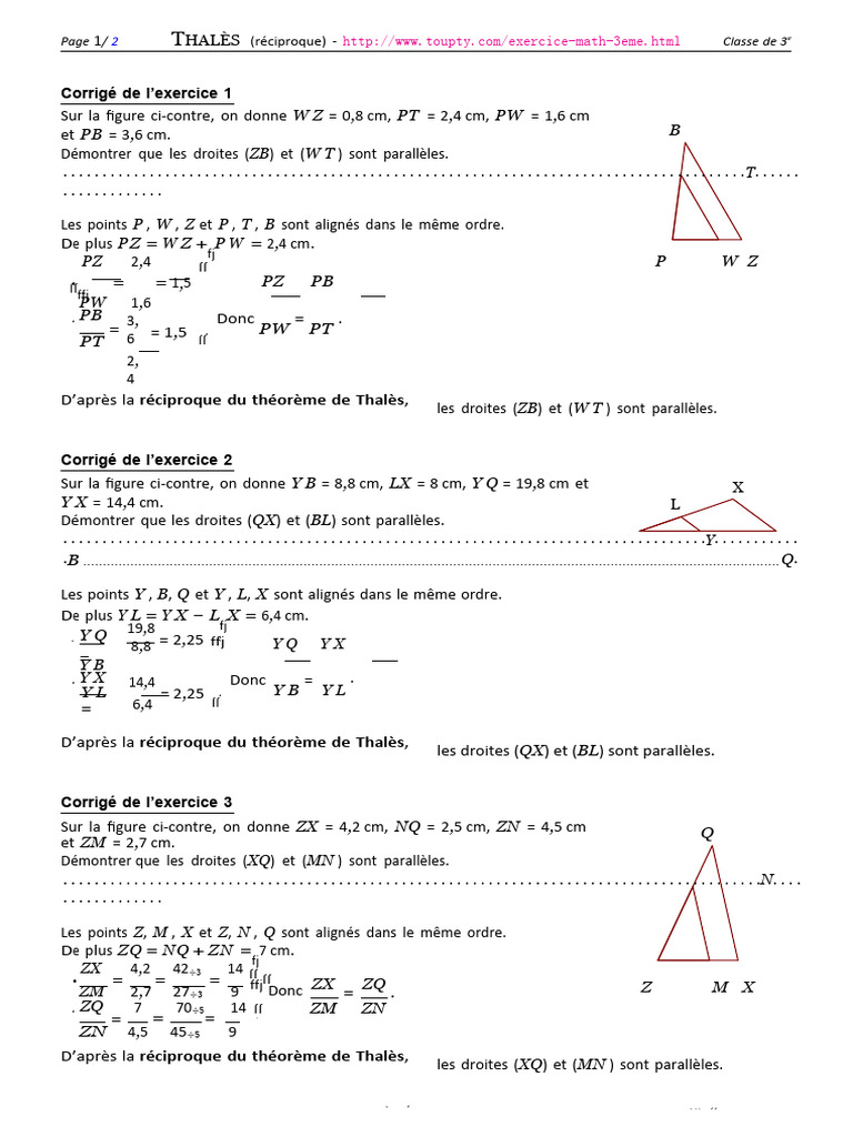 Exercices sur la réciproque de Thalès | PDF | Mathématiques | Géométrie ...