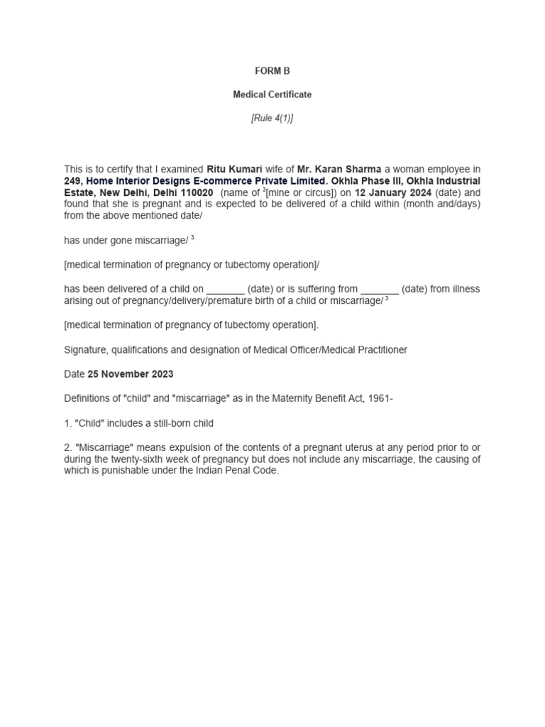 Medical Certificate for Maternity Leave | PDF