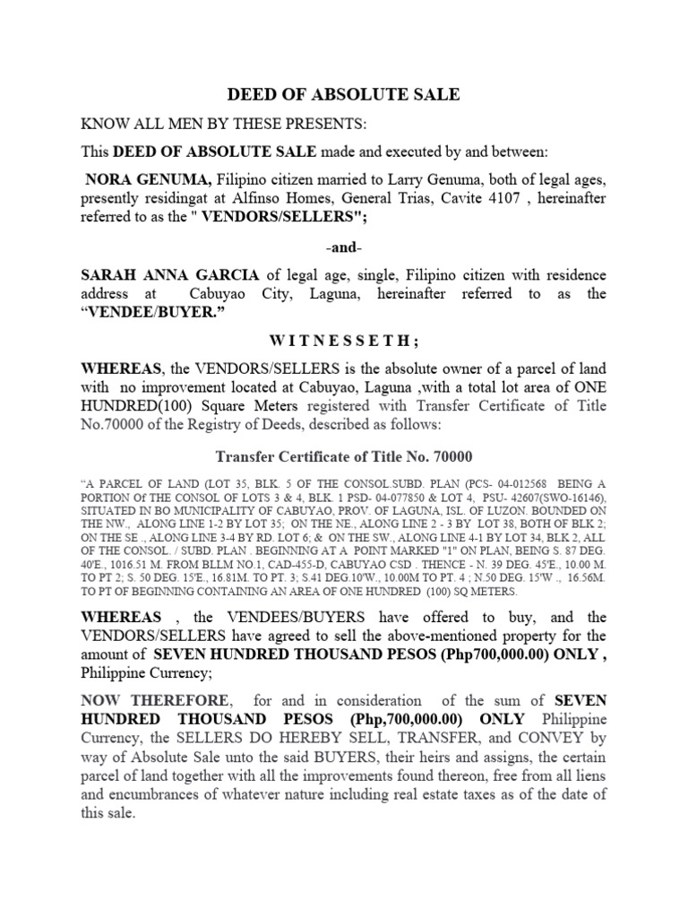 Deed of Absolute Sale | PDF | Real Property Law | Environmental Law