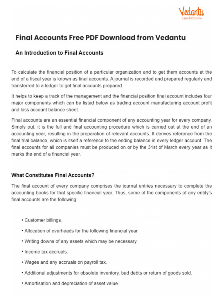 Final Accounts Free PDF Download From Vedantu | PDF