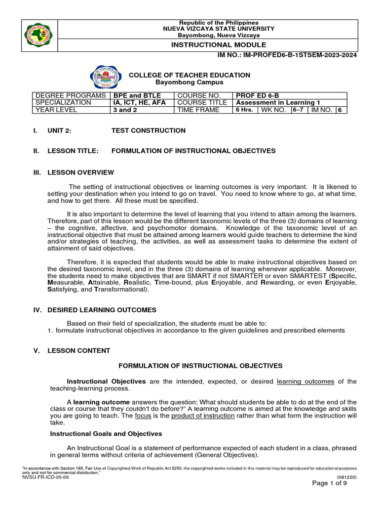 al1-module6-formulation-of-instructional-objectives-pdf-learning