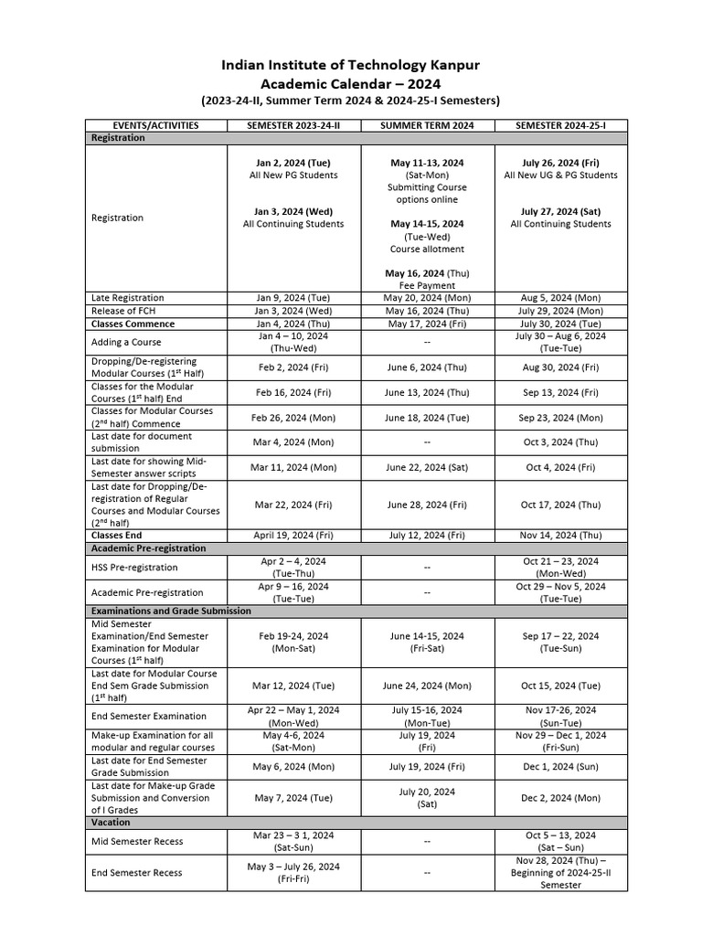 Iit Kanpur 2024 Calender | PDF | Academic Term | Workweek And Weekend