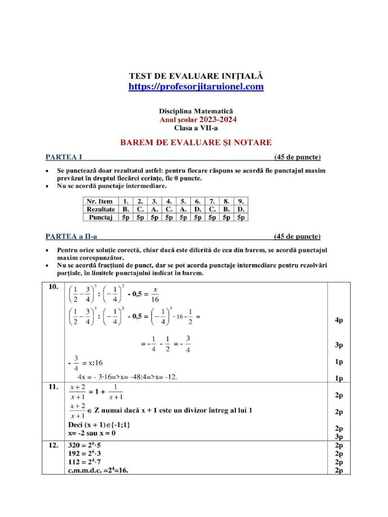 Rezolvare Barem de Corectare Test Initial Matematica Clasa A 7 A An ...