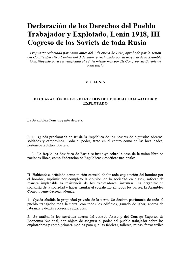 Declaración de Los Derechos Del Pueblo Trabajador y Explotado PDF Unión Soviética Política