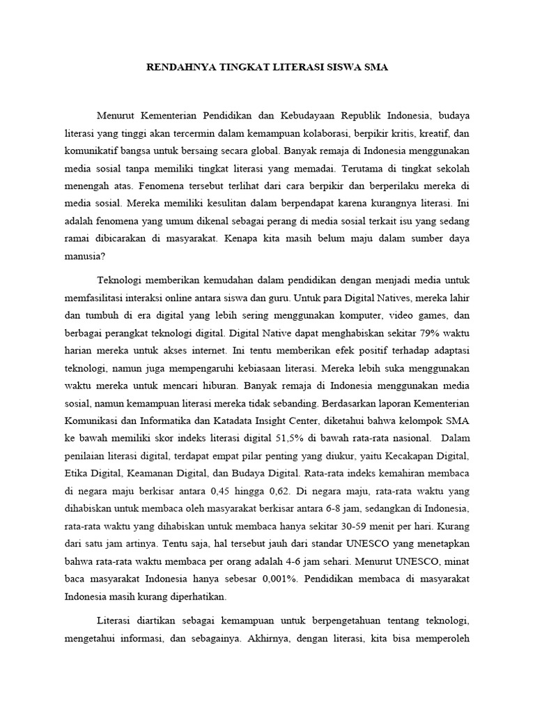 Tingkat Literasi Rendah Siswa SMA Indonesia | PDF