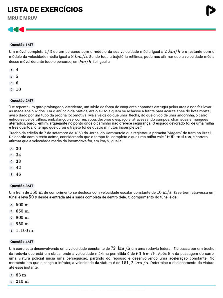 Exercícios sobre MRU e MRUV | PDF | Velocidade | Trajetória