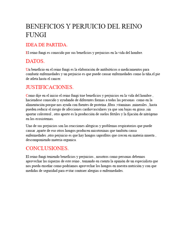Beneficios y Perjuicios del Reino Fungi | PDF