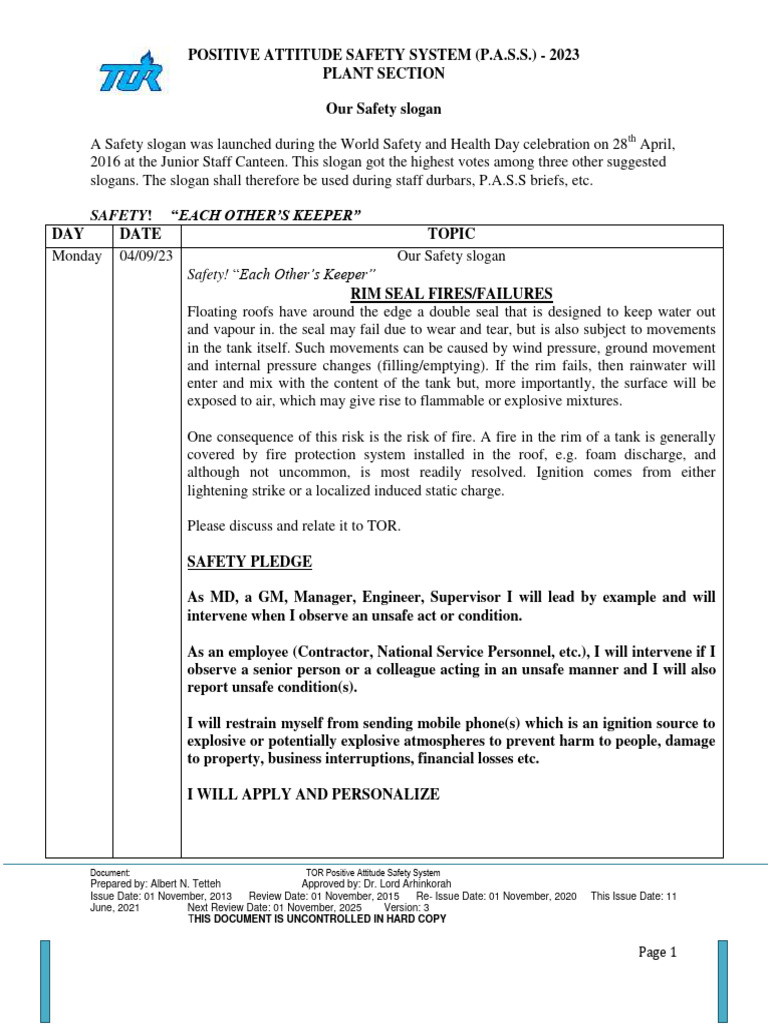 Plant Safety Brief Topics (4th To 10th Sept 2023) PDF Combustion