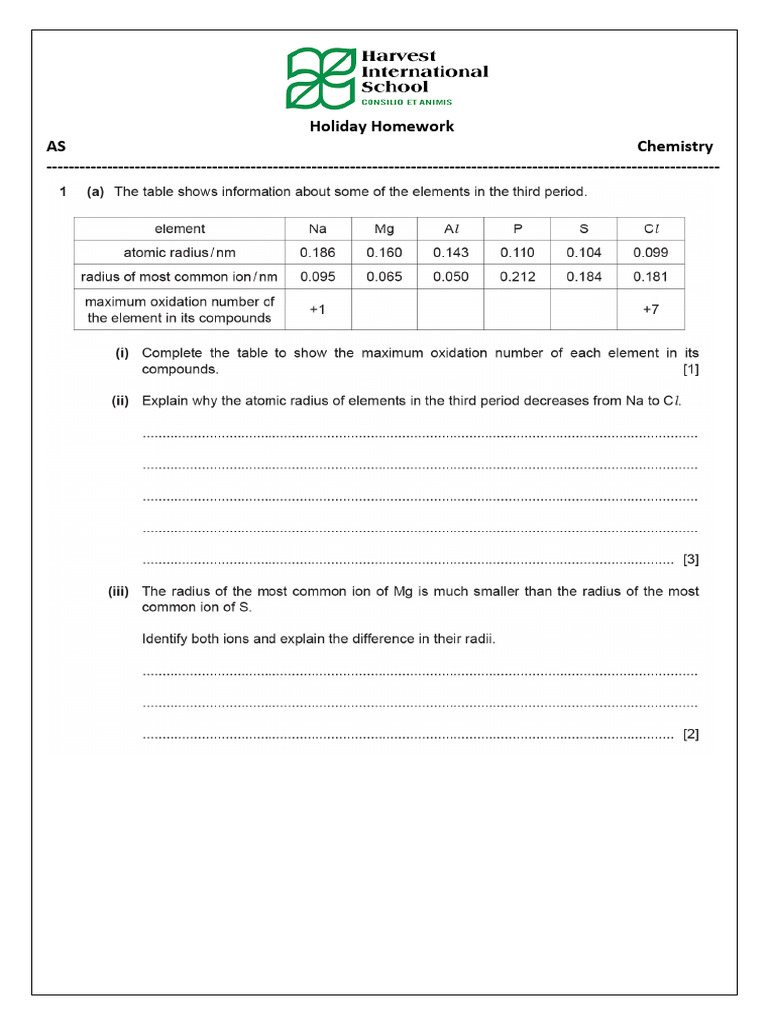 Chemistry Holiday Homework Front Page | PDF