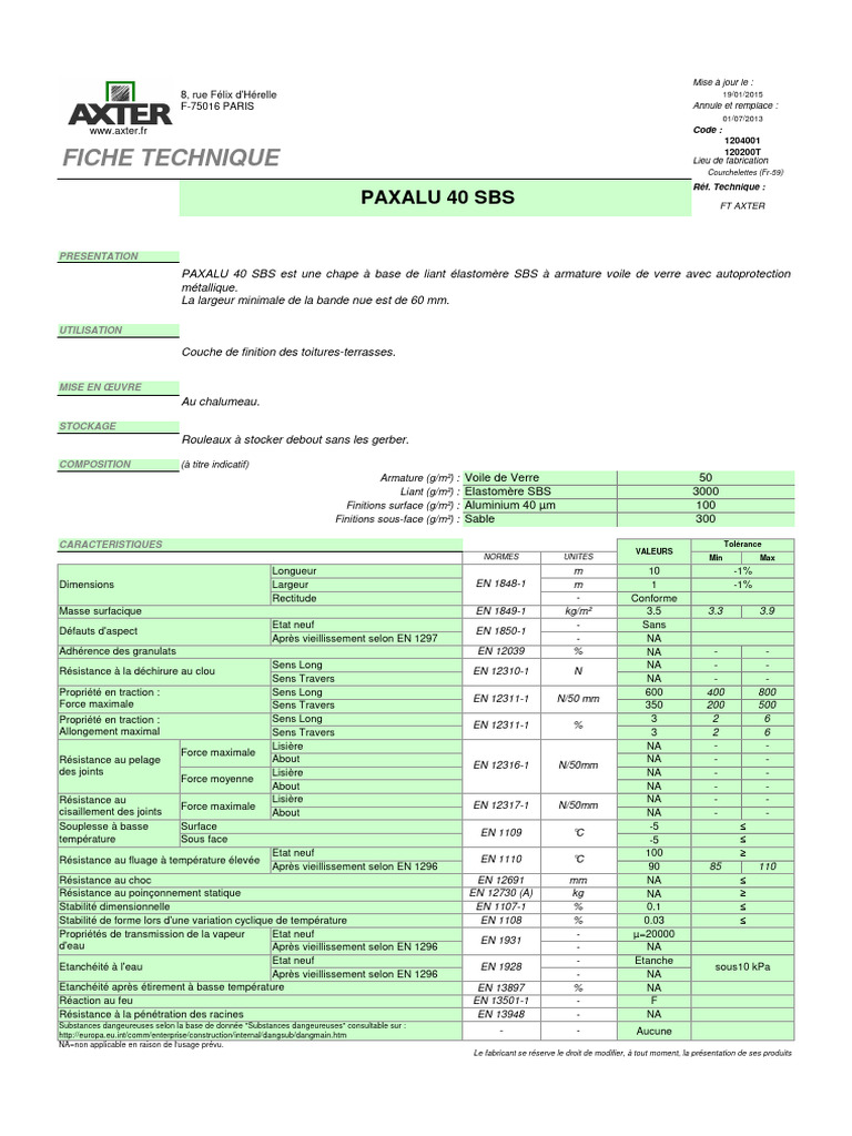Fiche technique PAXALU 40 SBS | PDF | Chimie | Génie du bâtiment